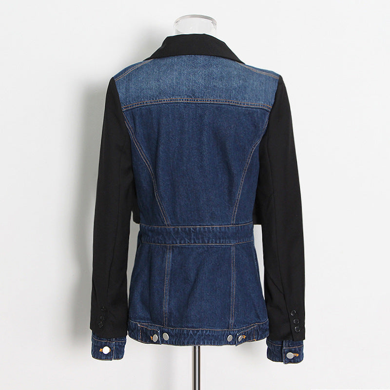 Trendy Korean Denim Splicing Coat Autumn Winter Single-Breasted Personality Slim Fit Faux Two-Piece Blazer Blazer