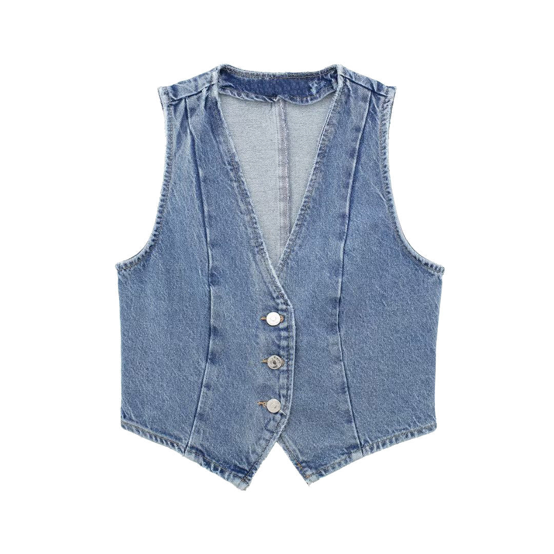 Gilet en jean court boutonné coupe slim pour femme