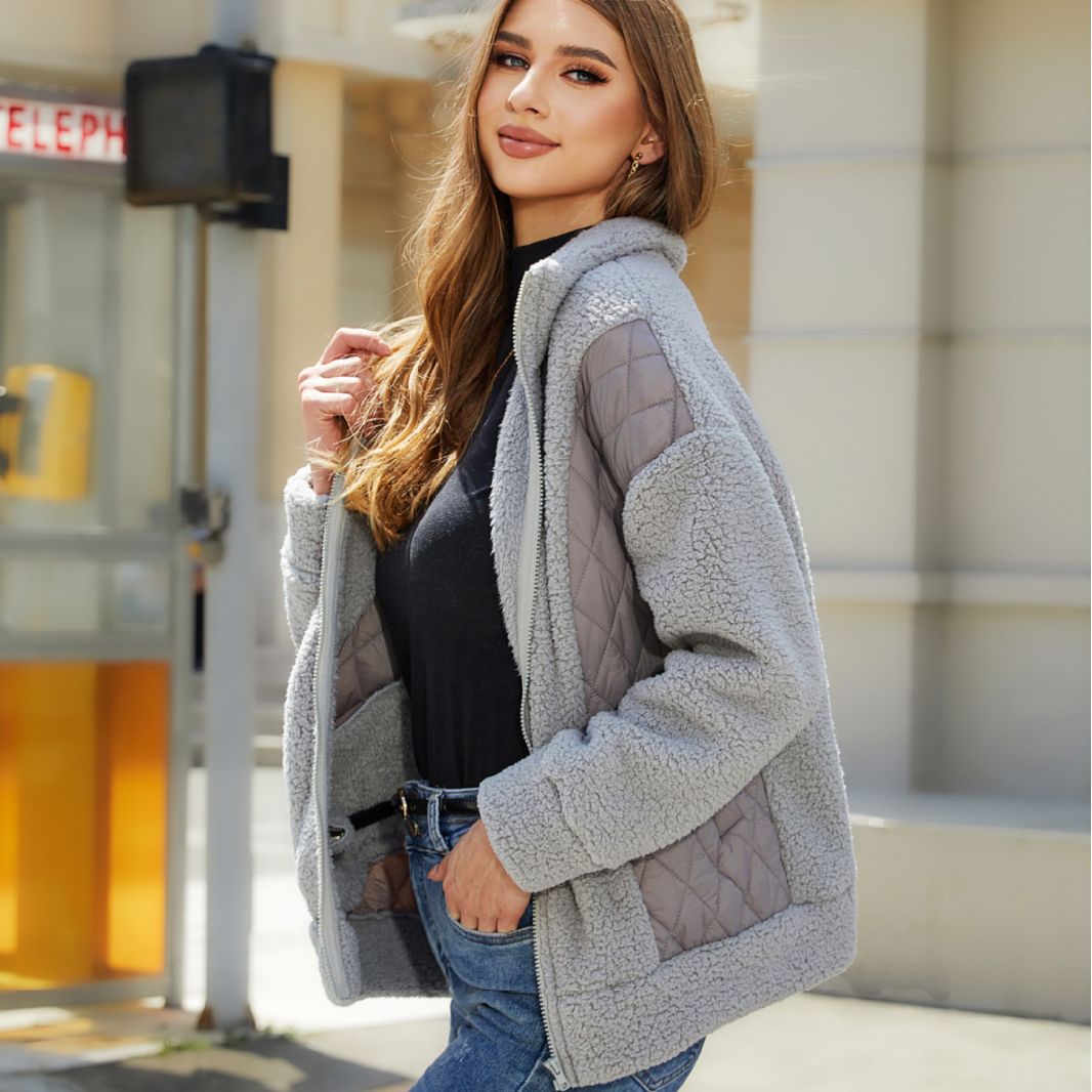 Ropa de mujer Otoño Invierno cárdigan de manga larga cremallera costura de felpa abrigo de mujer