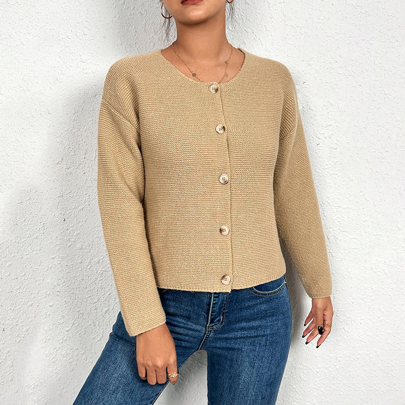 Cardigan de couleur unie pour femme, manteau amincissant à simple boutonnage et col rond, printemps-automne