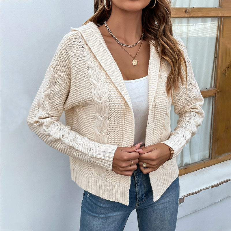 Pull tricoté à capuche pour femme, couleur unie, automne-hiver, cardigan pour femme