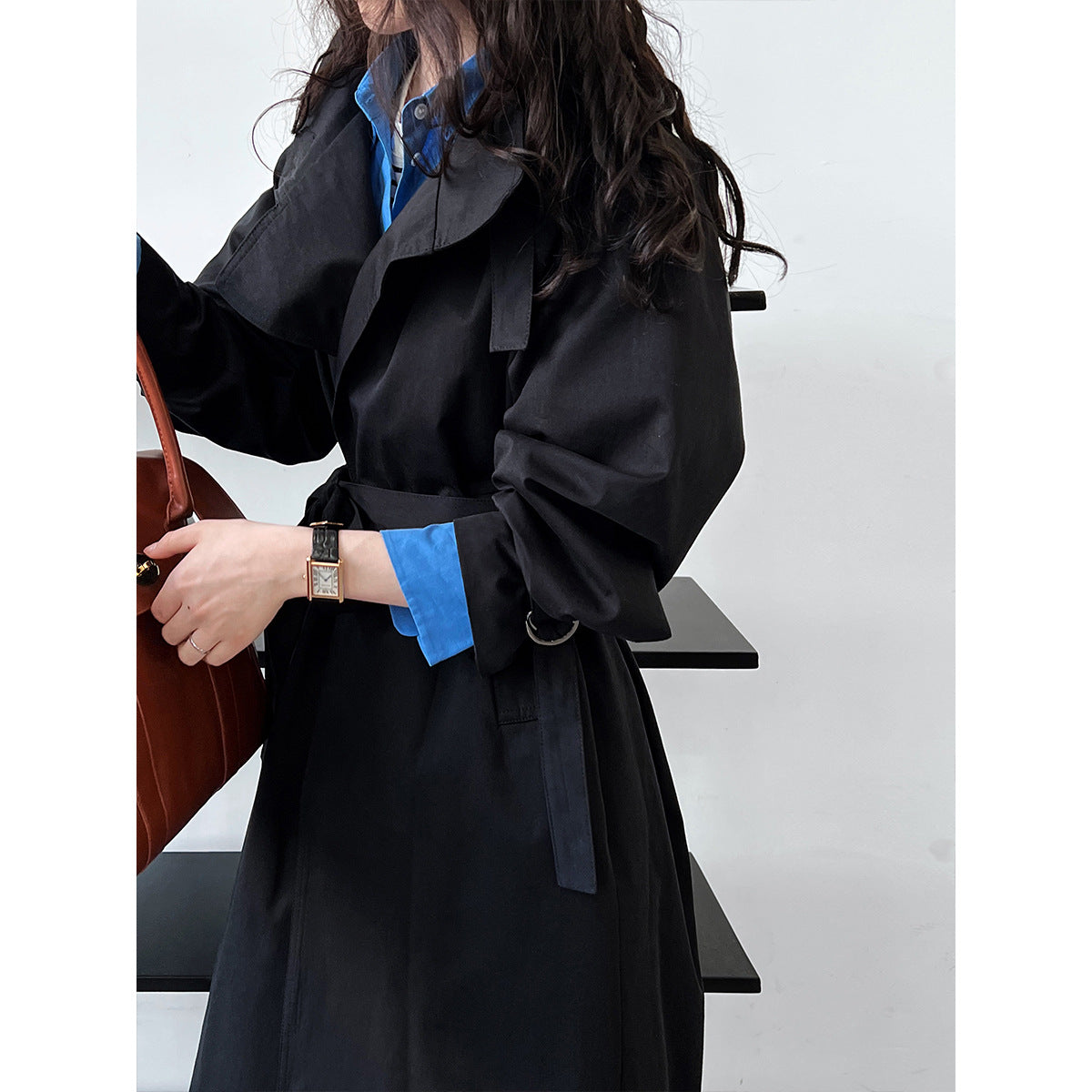 Autumn High Grade British Minimalist Static Luxury Mid Length over the Knee Trench Coat Women