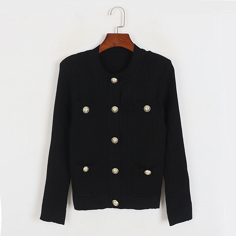 Classic Ice Silk round Neck Sweater Autumn Winter Spring Women Retro Slim Fit Slimming Four-Pocket Gold Buckle Coat