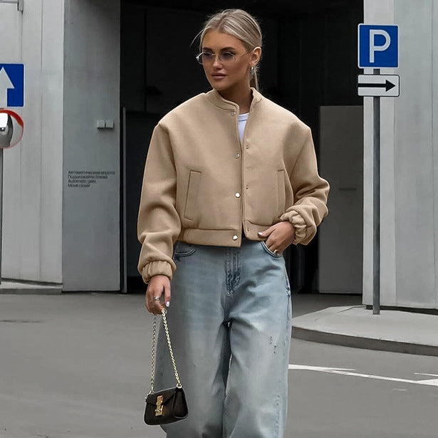 Chaqueta de vuelo de otoño e invierno de color caqui, gruesa, con cuello alto, abrigo de lana, ropa de oficina para mujer