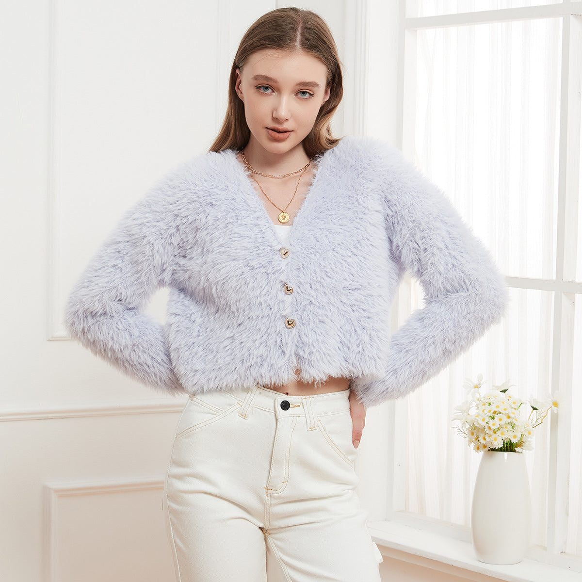 Cardigan à col en V en tricot pour femme, manteau court, pull doux et décontracté