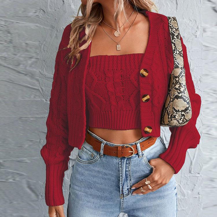 Automne hiver bouton femmes coupe ajustée couleur unie deux pièces tricoté Cardigan femmes pull femmes