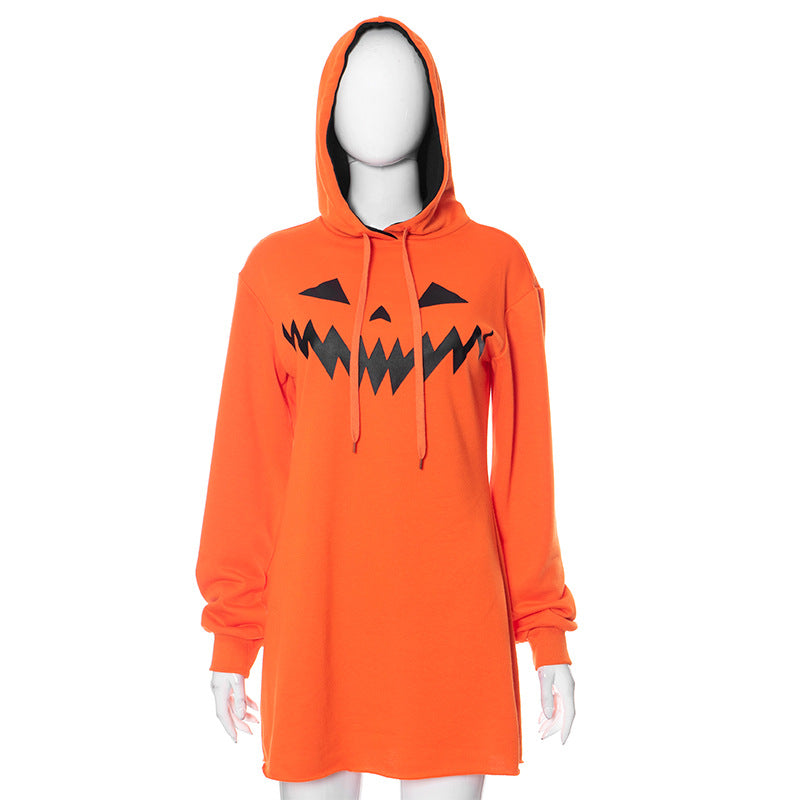 Vêtements pour femmes Costume d'Halloween Imprimé citrouille Sweat à capuche à manches longues avec cordons de serrage Robe pull