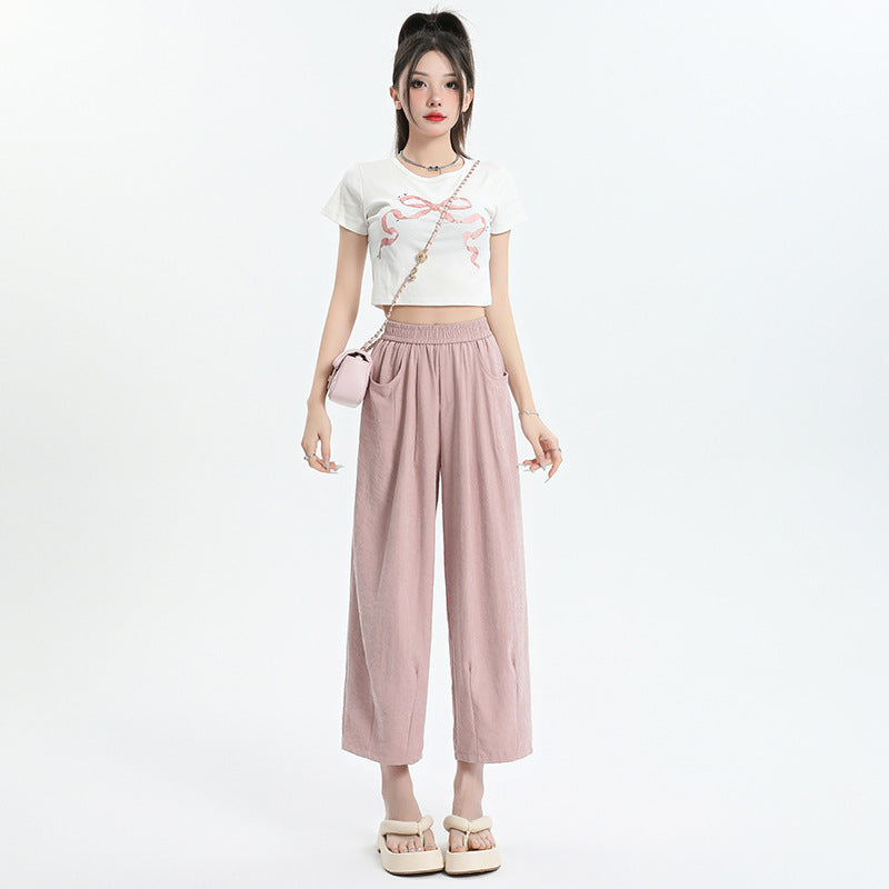 Elastic Waist High Waist Wide Leg Pants Cropped Drape Small Lazy And Loose