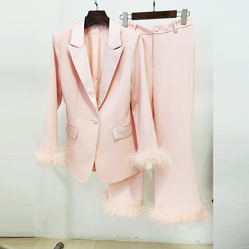 Goods Star True Feathers Ostrich Feather Blazer Cropped Pants Set Two Piece Set