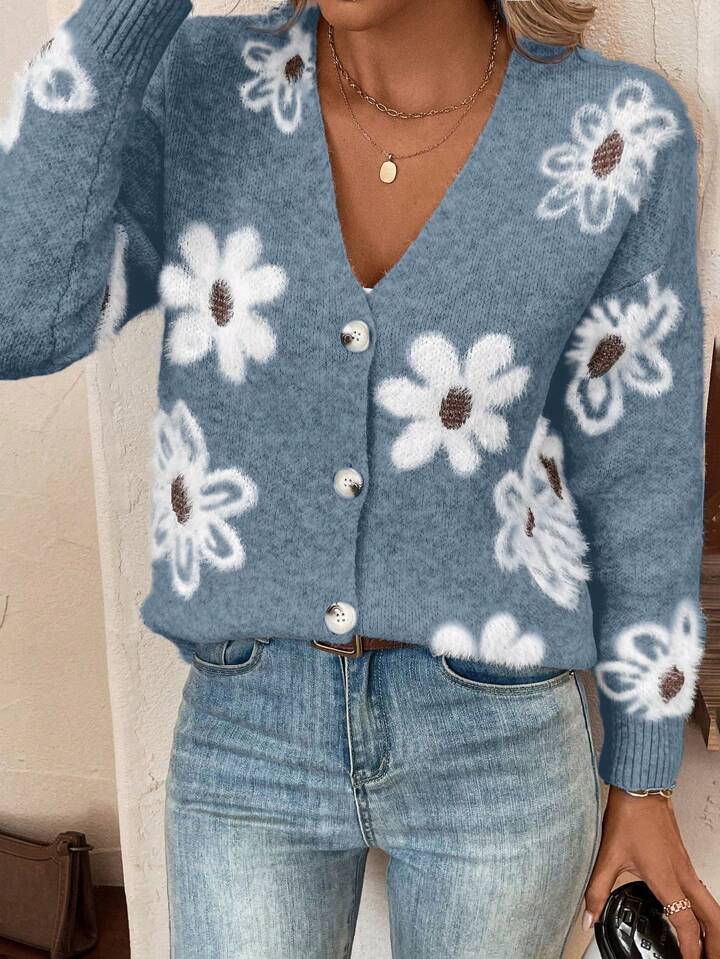 Cardigan en tricot décontracté à motif floral gracieux et mignon pour l'automne et l'hiver