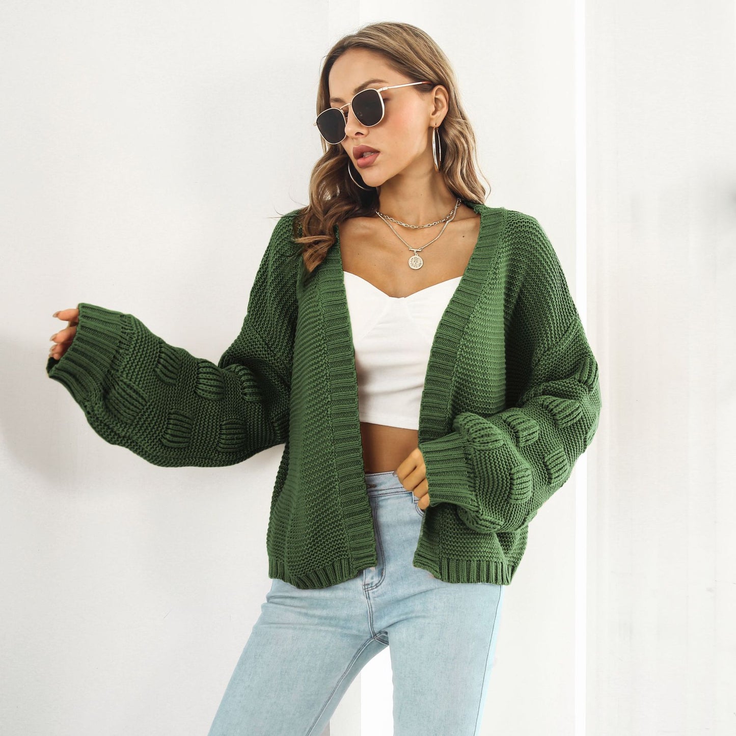 Three Dimensional Bubble Lantern Sleeve Loose Knitted Sweater Cardigan Coat Women Autumn Winter Women Sweater