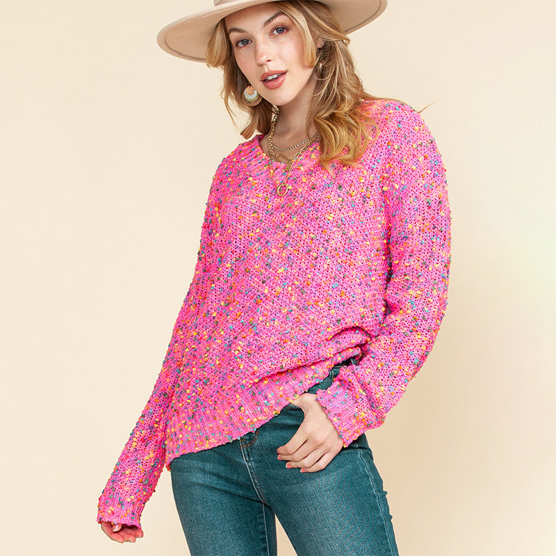 Color Polka Dot Loose Fitting Sweater Women Spring Concise All Match Printed V Neck Long Sleeve Top Women