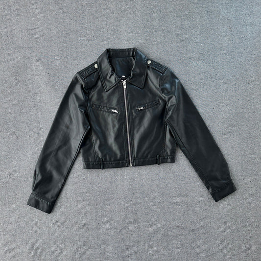 Collared Motorcycle Zipper Faux Leather Jacket Women Cropped Leather Coat