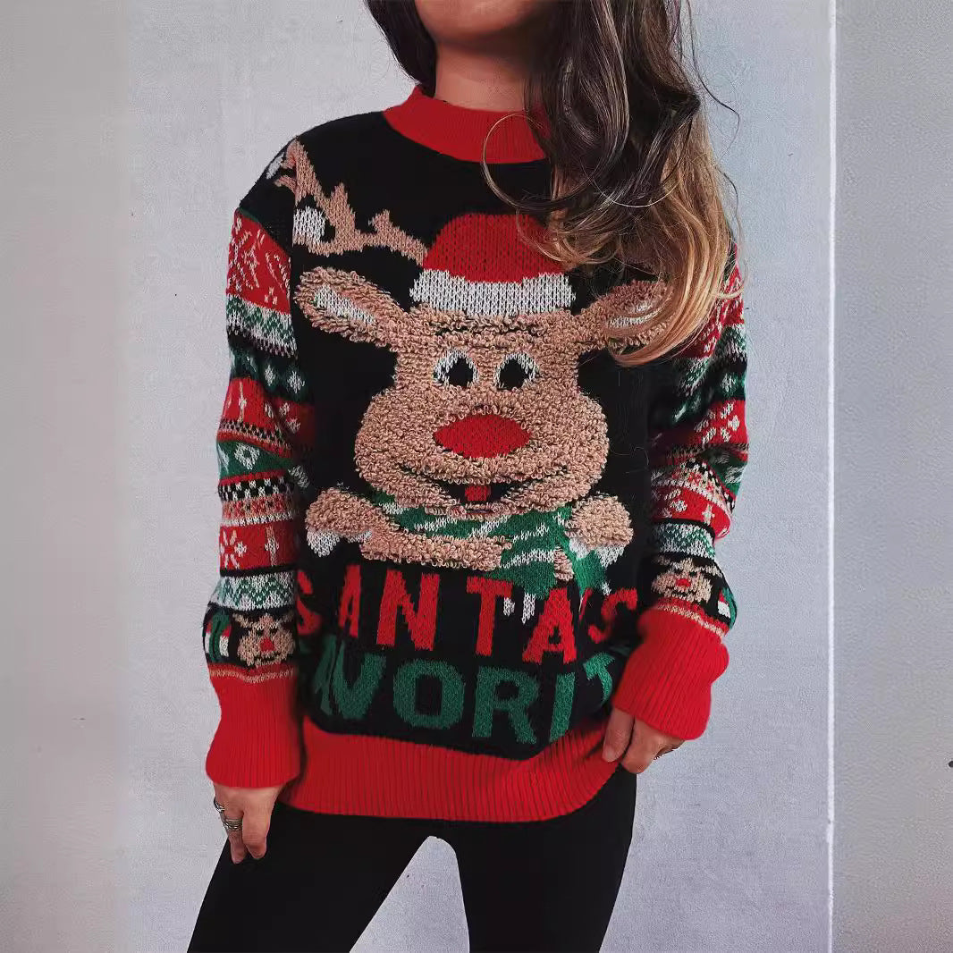 Arrival Autumn Winter Cartoon Reindeer Flocking Sweater Christmas Sweater round Neck Pullover Sweater