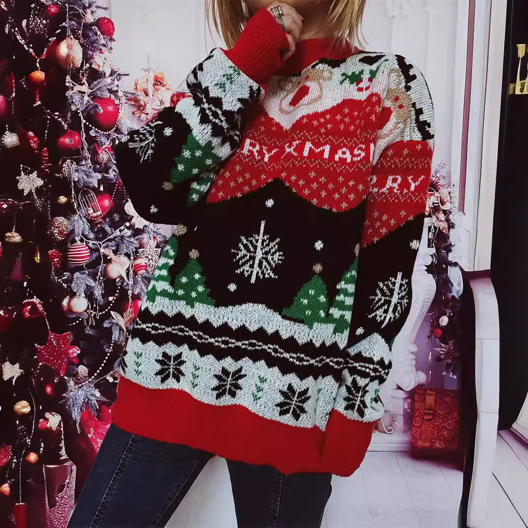 Christmas Sweater Autumn Winter Women Elk Snowflake round Neck Long Sleeve Pullover