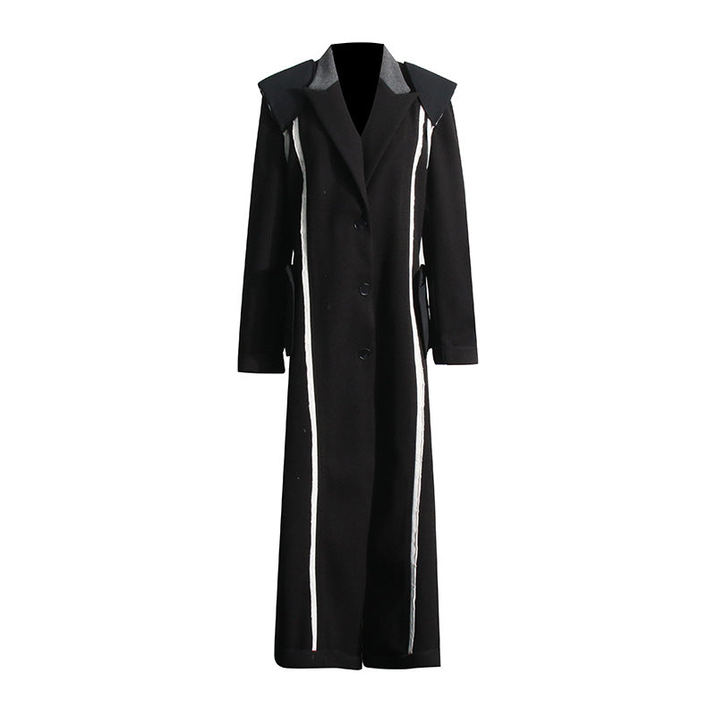 French Hepburn Contrast Color Design Long Trench Coat Women Clothing Winter Long Cut Coat