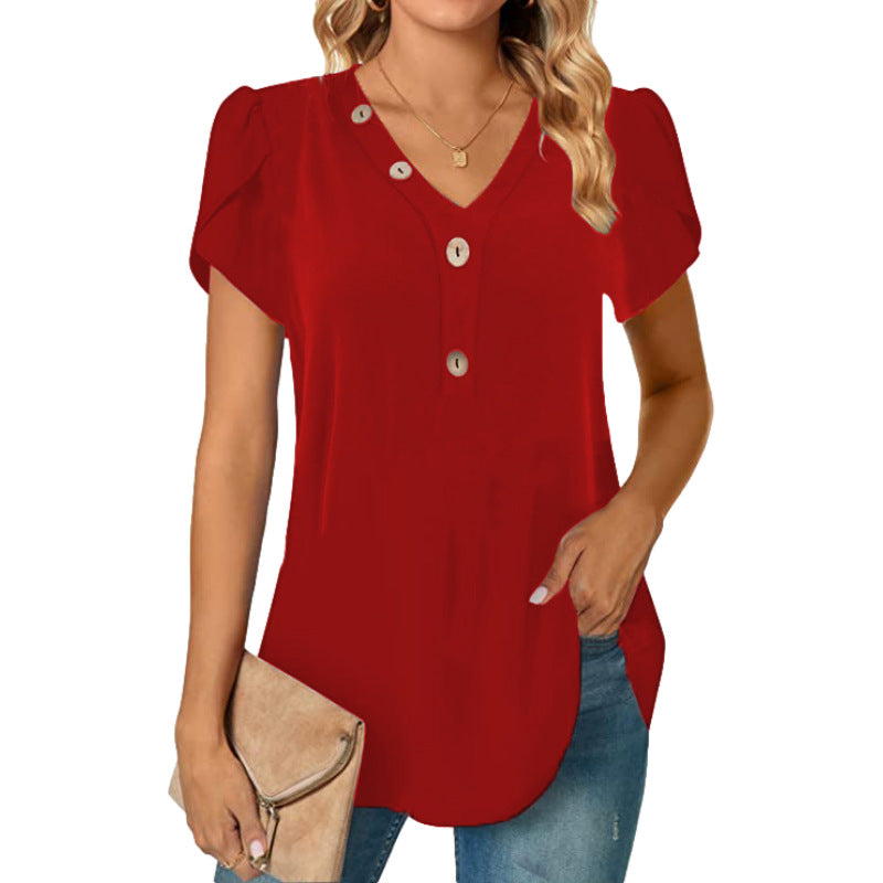 Women's V-neck Stitching Short Sleeve Button