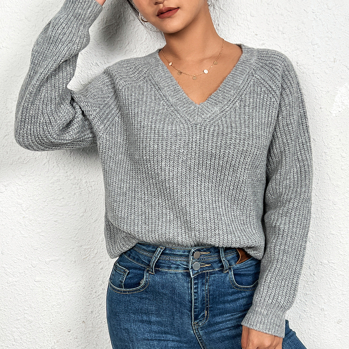 Spring Autumn Solid Color Knitted Sweater Women Elegant V neck Pullover Long Sleeve Solid Color Top