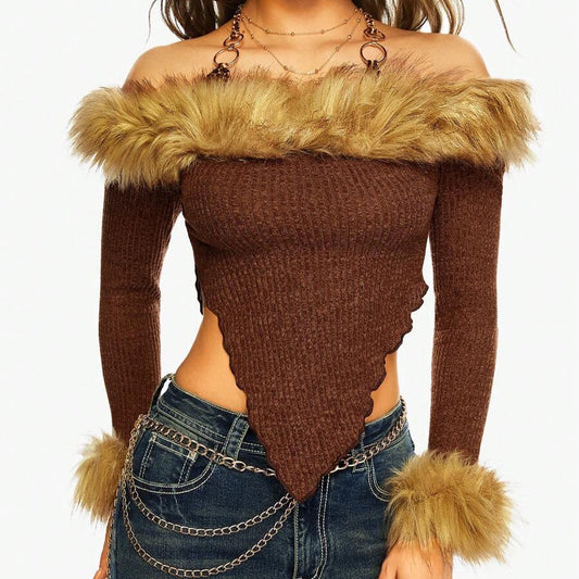 Autumn Winter Furry Irregular Asymmetric Inverted Triangle off Shoulder T shirt Slim Fit Long Sleeve Sexy Short Top