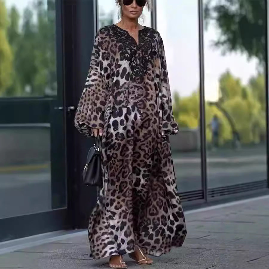 Vestido holgado de manga larga con estampado de leopardo para otoño