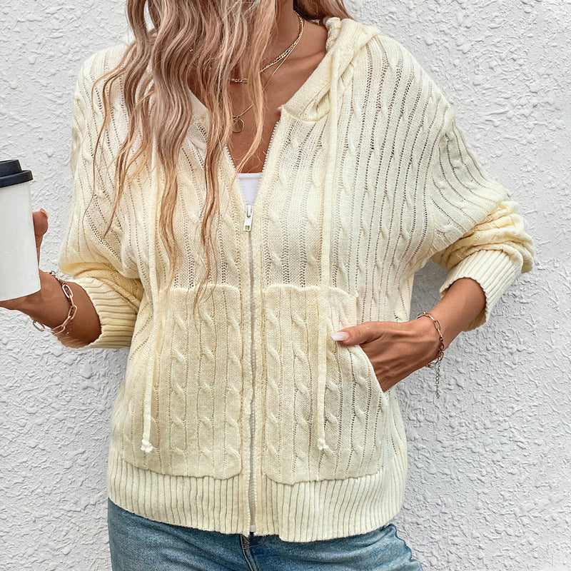 Automne femmes vêtements à capuche torsadé couleur unie pull Cardigan