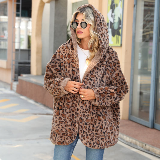 Ropa informal de otoño para mujer, con capucha, holgada, de manga larga, con estampado de leopardo, de longitud media, con burbujas puntiagudas, de terciopelo