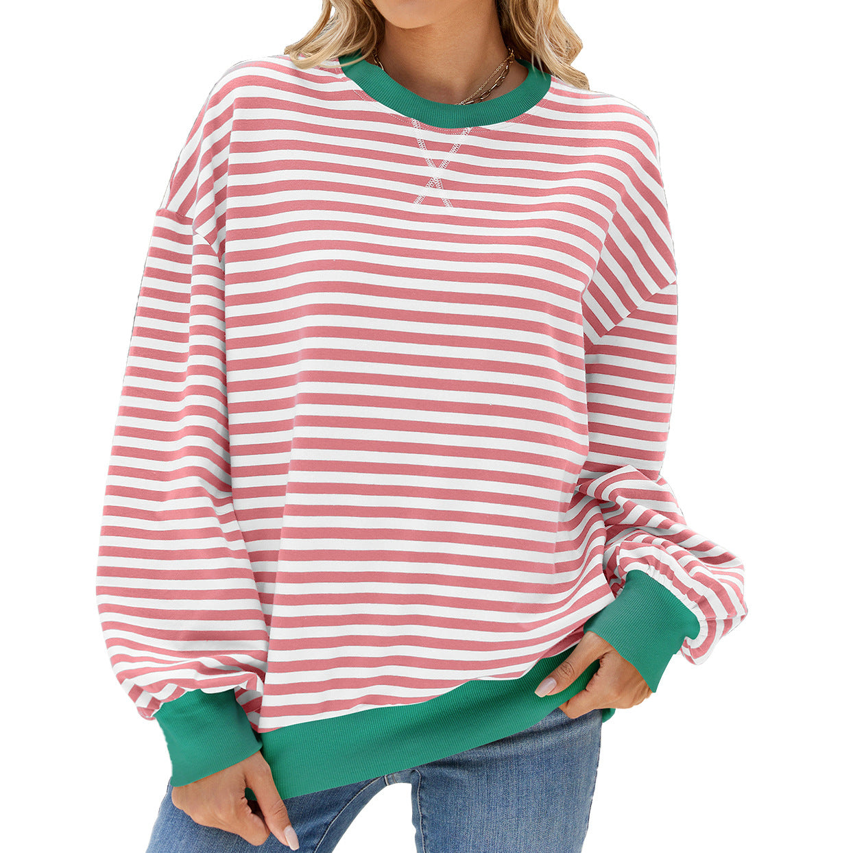 Autumn Winter Striped Round Neck Contrast Color Loose Long Sleeve Sweatershirt Coat Women