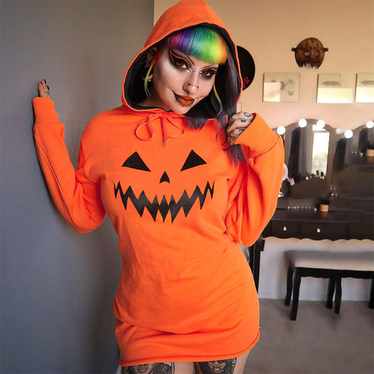 Vêtements pour femmes Costume d'Halloween Imprimé citrouille Sweat à capuche à manches longues avec cordons de serrage Robe pull