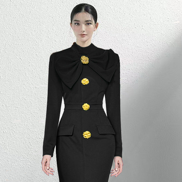 Stand Collar Long Sleeve Bowknot Waist-tight Fastener Decoration Hip Split Mid-length Dress