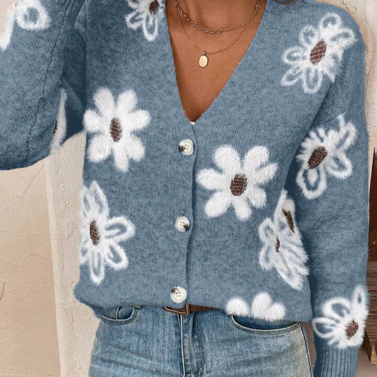 Cardigan en tricot décontracté à motif floral gracieux et mignon pour l'automne et l'hiver