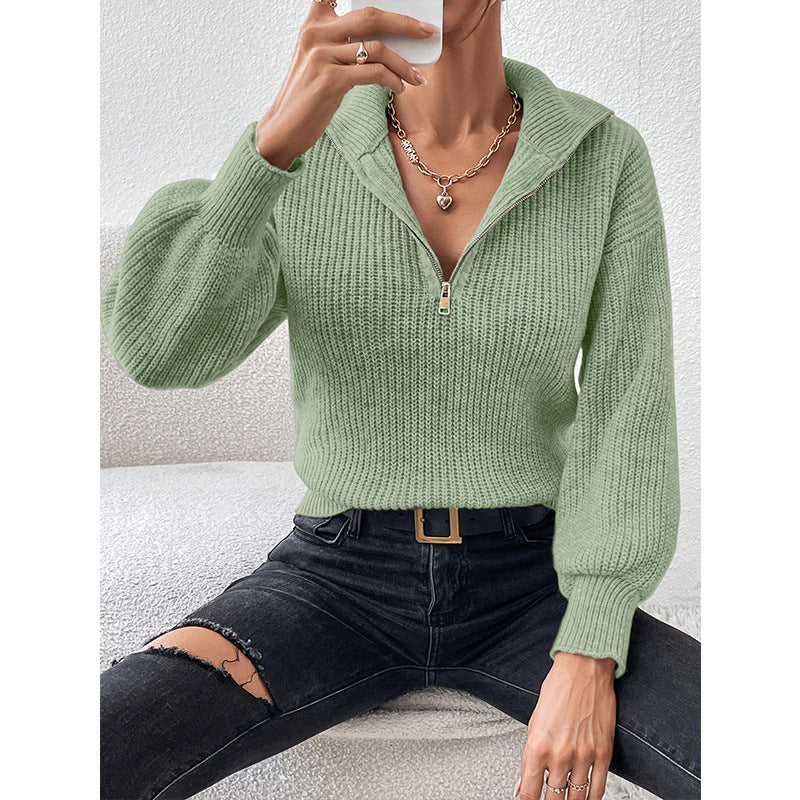 Zipper Pullover Sweater Solid Color Loose Casual Polo Collar Long-Sleeve Zipper Sweater Women