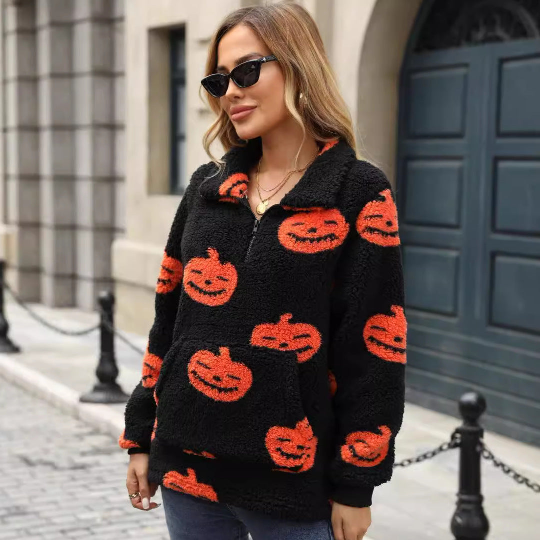 Suéter de felpa con media cremallera y estampado de calabaza de Halloween para mujer Otoño Invierno