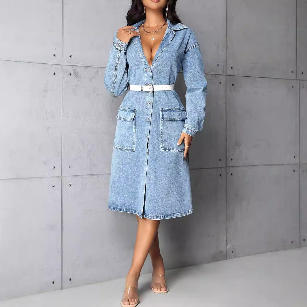 Women Clothing Loose Casual with Big Pockets Denim Trench Coat Long