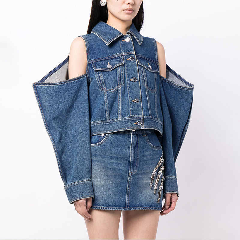 Autumn Collared Hollow Out Cutout Drop Shoulder Design Short Denim Coat Women Jacket