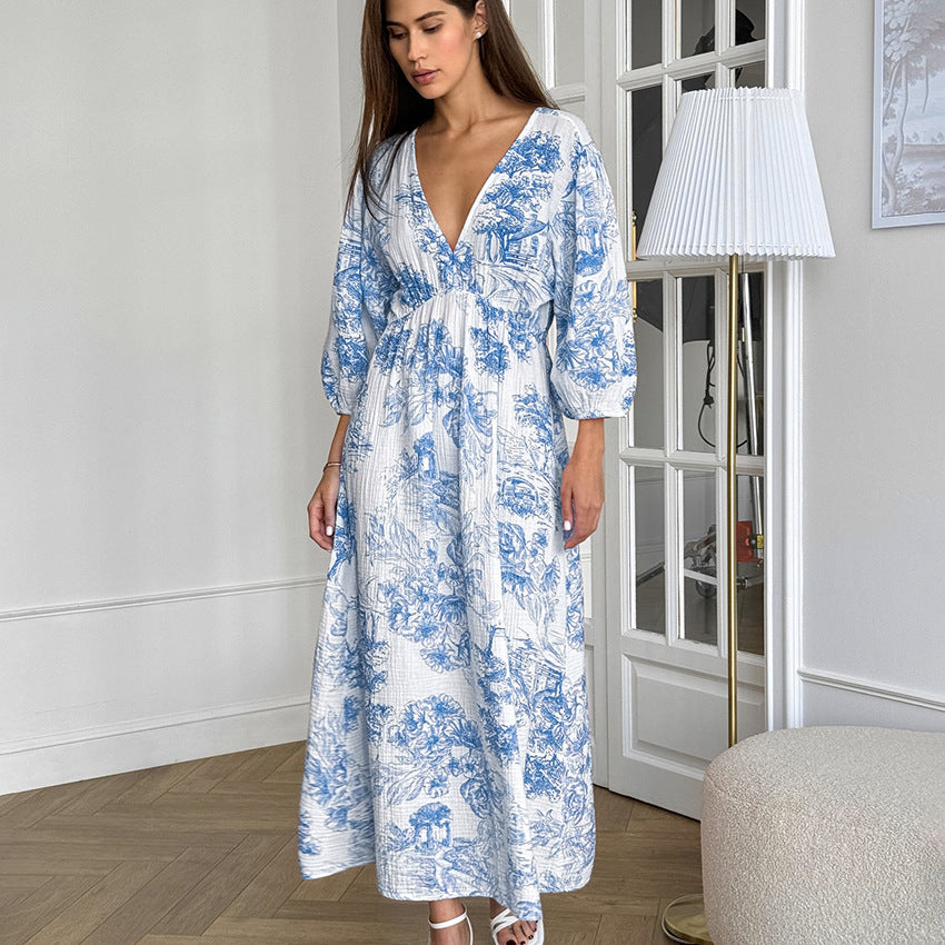 Robe longue en coton et lin pour femme, élégante, col en V, manches lanternes, imprimée, à lacets, assortie, automne