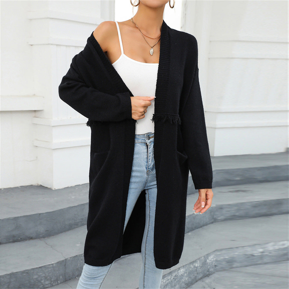 Winter Clothes Plus Size Long Cardigan Pocket Temperamental Tassels Coat Sweater