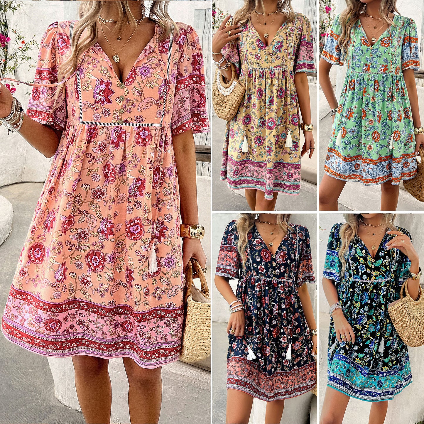 Robe décontractée à manches courtes et imprimé floral pour les vacances