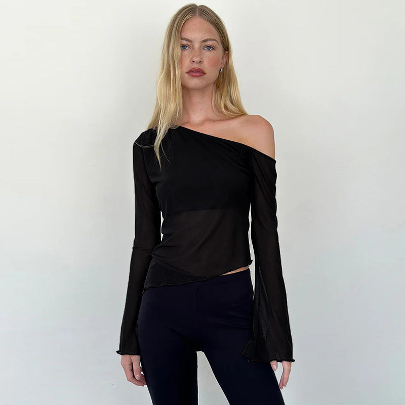 Blusa de manga larga con hombros descubiertos y gasa informal de otoño para mujer