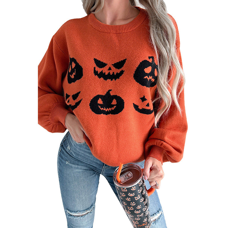 Suéter de cuello redondo de otoño que combina con todo, top de manga larga con estampado de Halloween