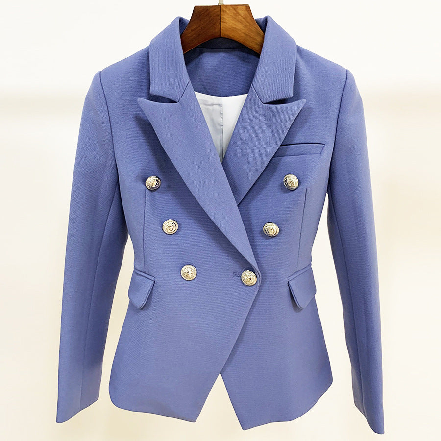 Petit Blazer en tissu épais pour femmes, Double boutonnage, métal argenté, boucle tête de Lion