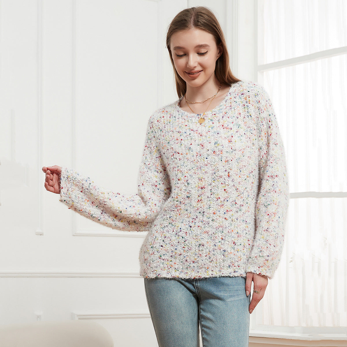 Pull tricoté à col rond pour femme, haut décontracté, doux et chaud, pour l'automne et l'hiver