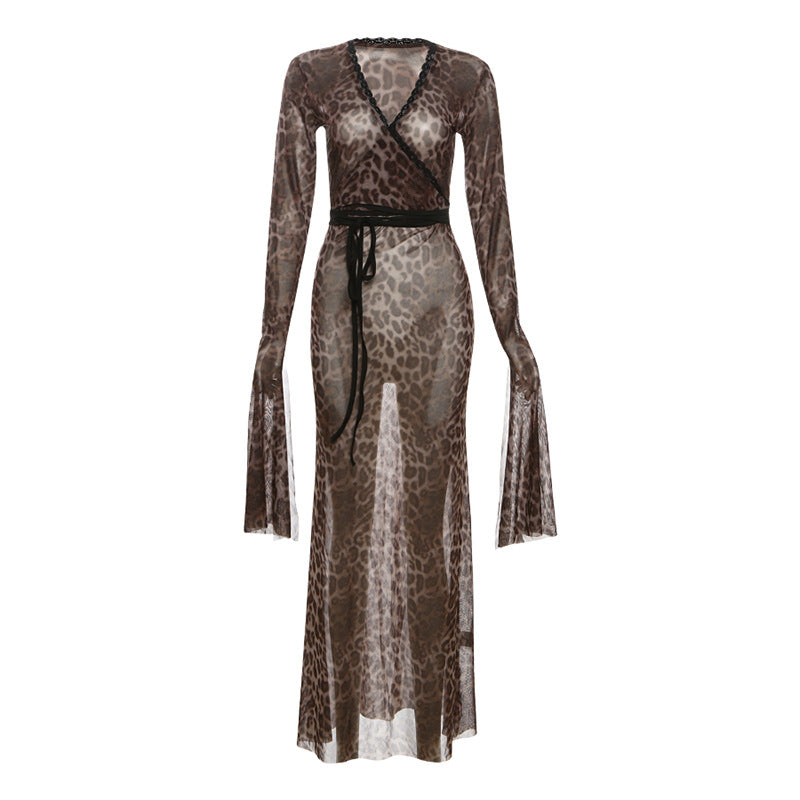 Autumn Winter Women Clothing Leopard Print Mesh Lace Sexy V neck Tied Long Sleeves Dress Women