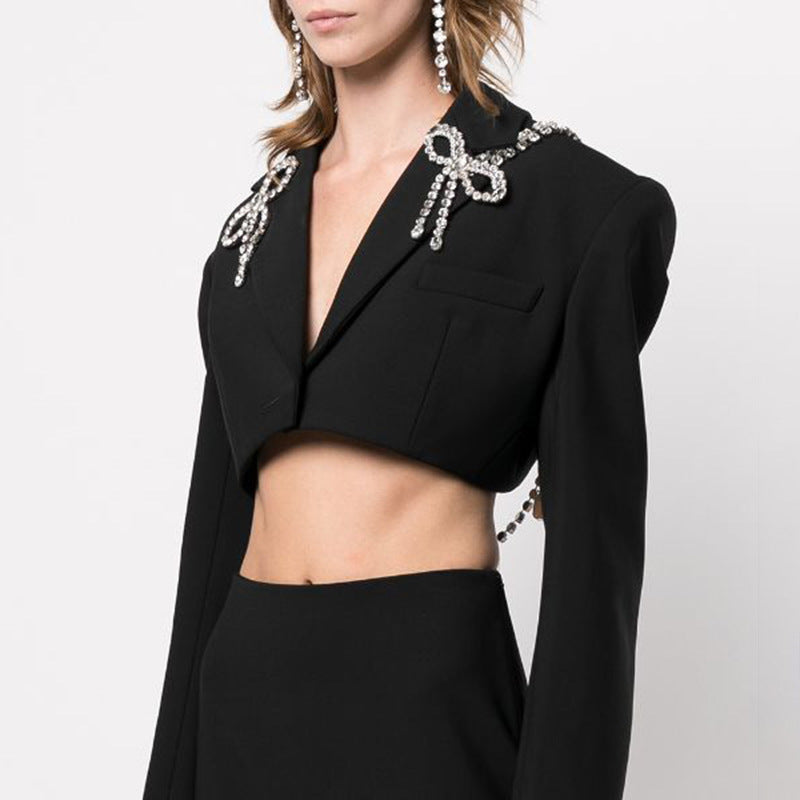 Blazer de mujer de manga larga corta con cuello en V y diseño de costura de lazo con diamantes de imitación para otoño