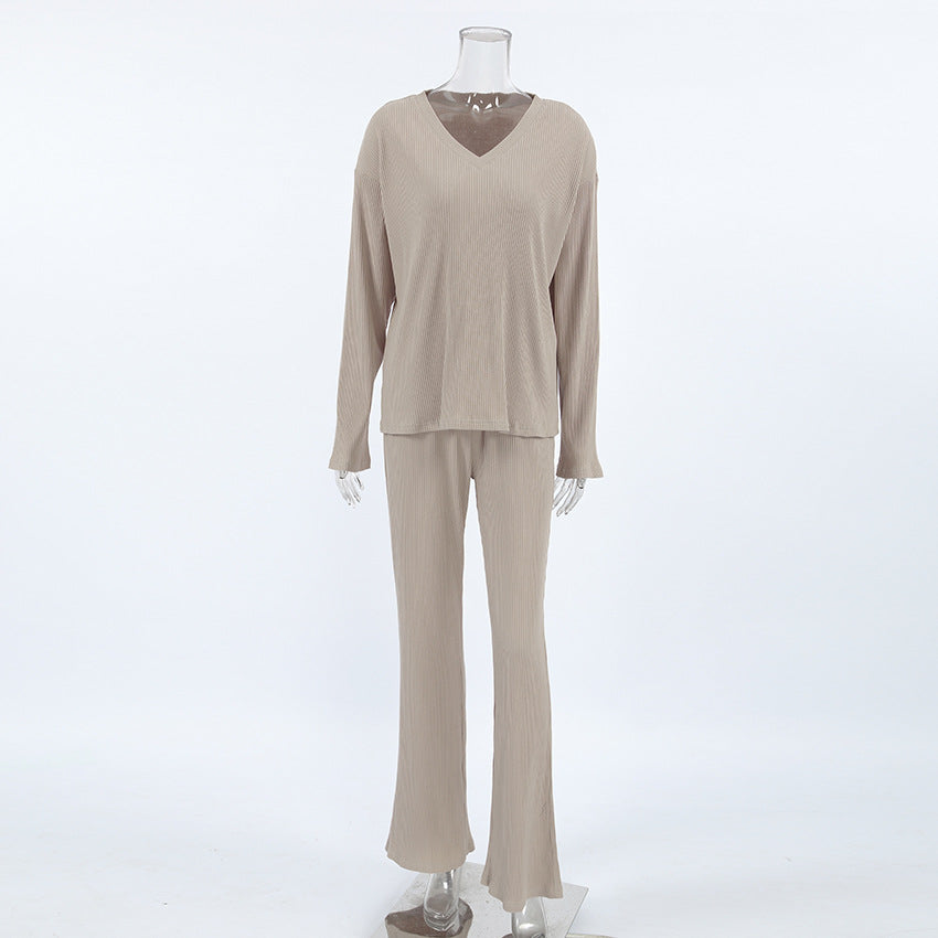 Autumn Knitted Sunken Stripe Can Be Worn outside Slim Skin Friendly Long Sleeved Trousers Warm Ladies Homewear