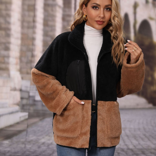 Veste décontractée épaisse en peluche à manches longues et col pour femme, ample, assortie aux couleurs, fermeture éclair, automne