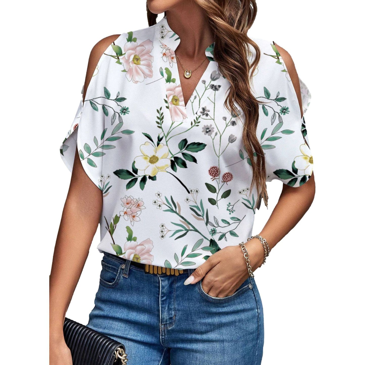 Women's Loose Off-the-shoulder Printed V-neck Top