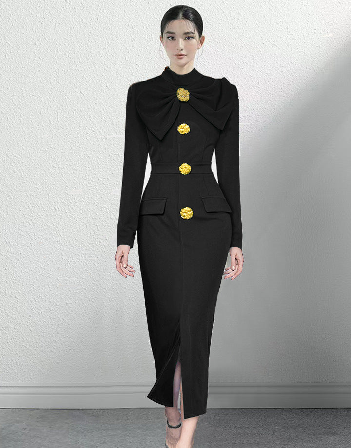 Stand Collar Long Sleeve Bowknot Waist-tight Fastener Decoration Hip Split Mid-length Dress