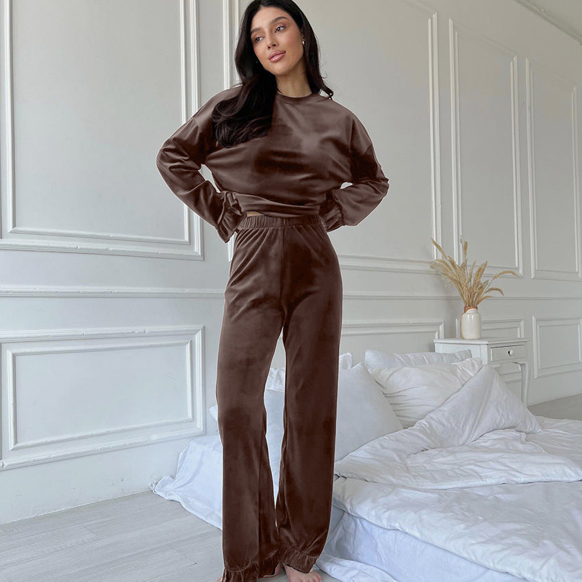 Autumn Knitted Ruffled Long Sleeved Trousers Home Wear Women Comfort Casual round Neck Pajamas