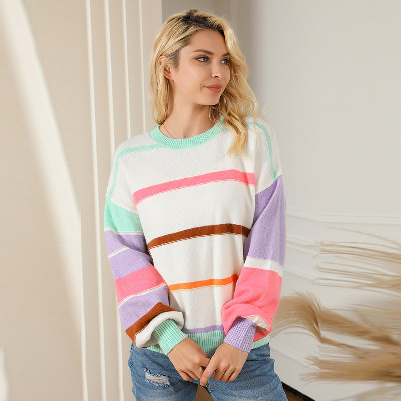 Pull d'automne col rond manches longues haut femme personnalisé rayé contraste couleur dopamine épaule tombante pull femme