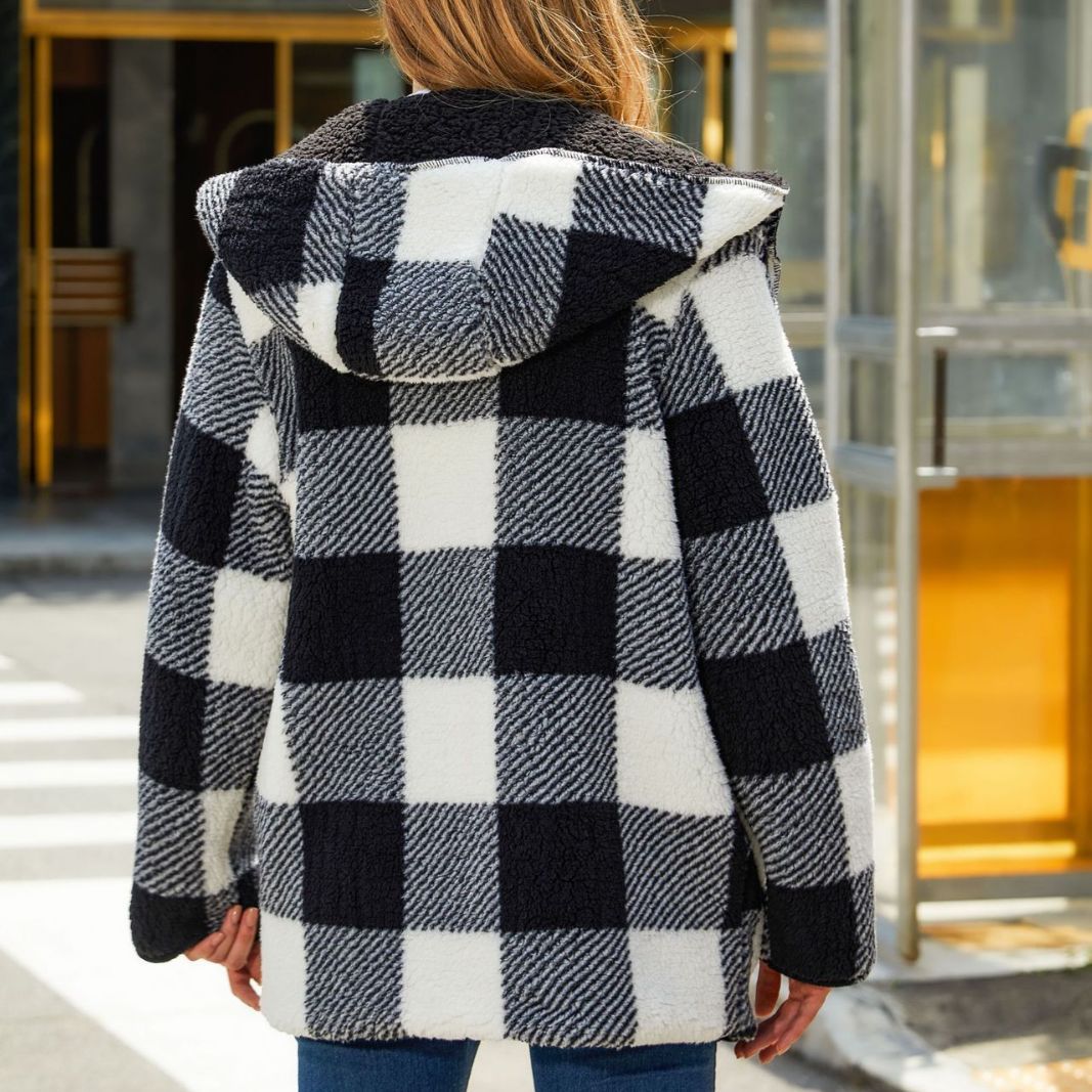 Autumn Winter Women Clothing Loose Warm Plaid Buckle Free Cardigan Hooded Double Sided Plush Coat